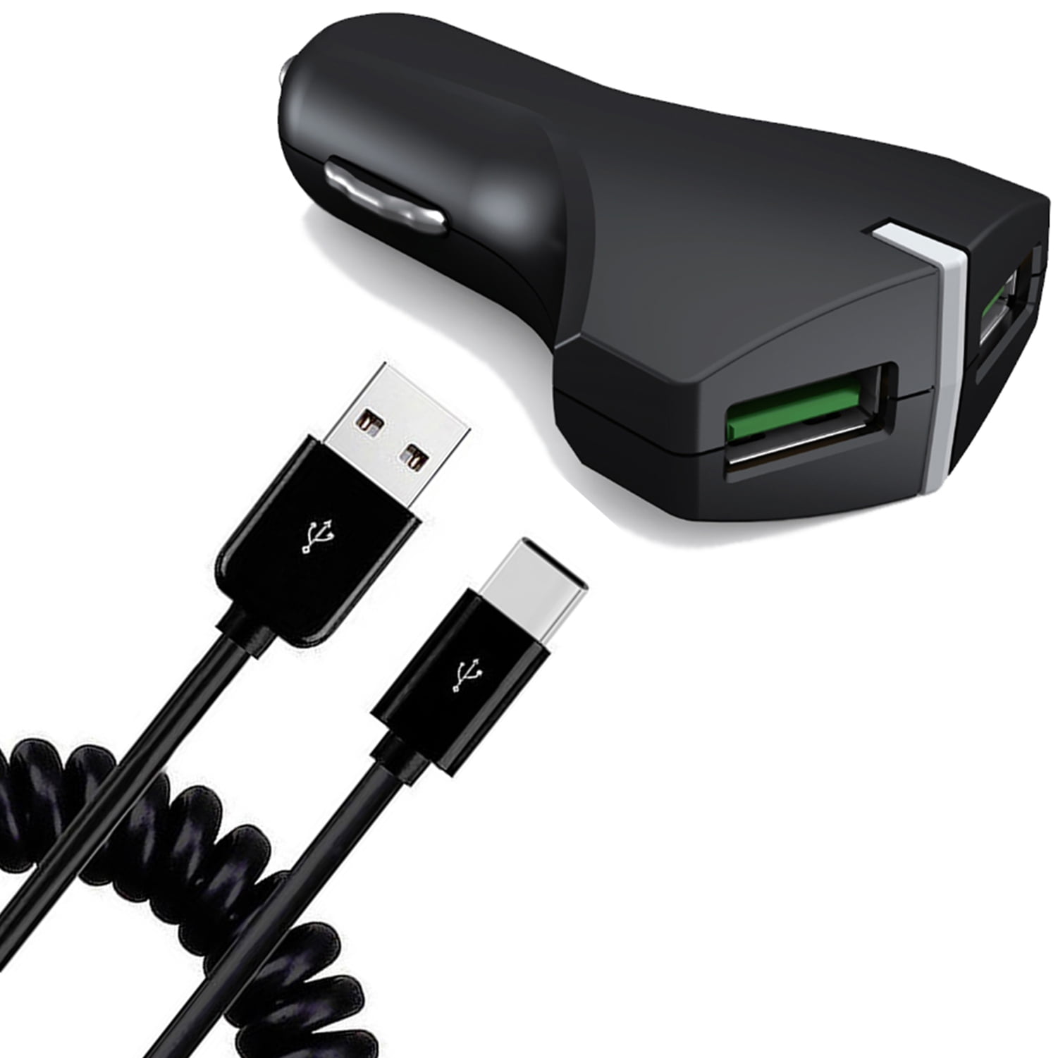 Car Charger for Nokia G50/G10/G20 - 36W Fast 2-Port USB Coiled Cable Type-C Quick Charge DC Socket for Nokia G50/G10/G20