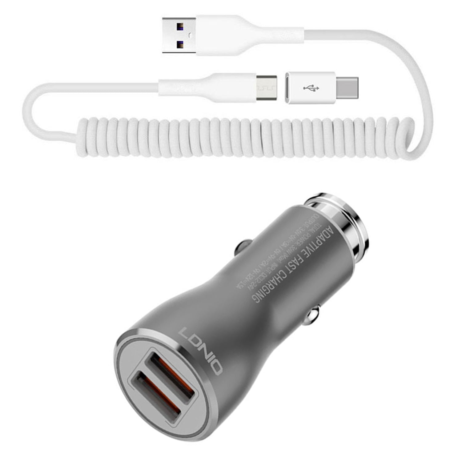 Car Charger for Nokia XR20/XR21 - 36W Fast 2-Port USB Coiled Cable Type-C Quick Charge DC Socket for Nokia XR20/XR21