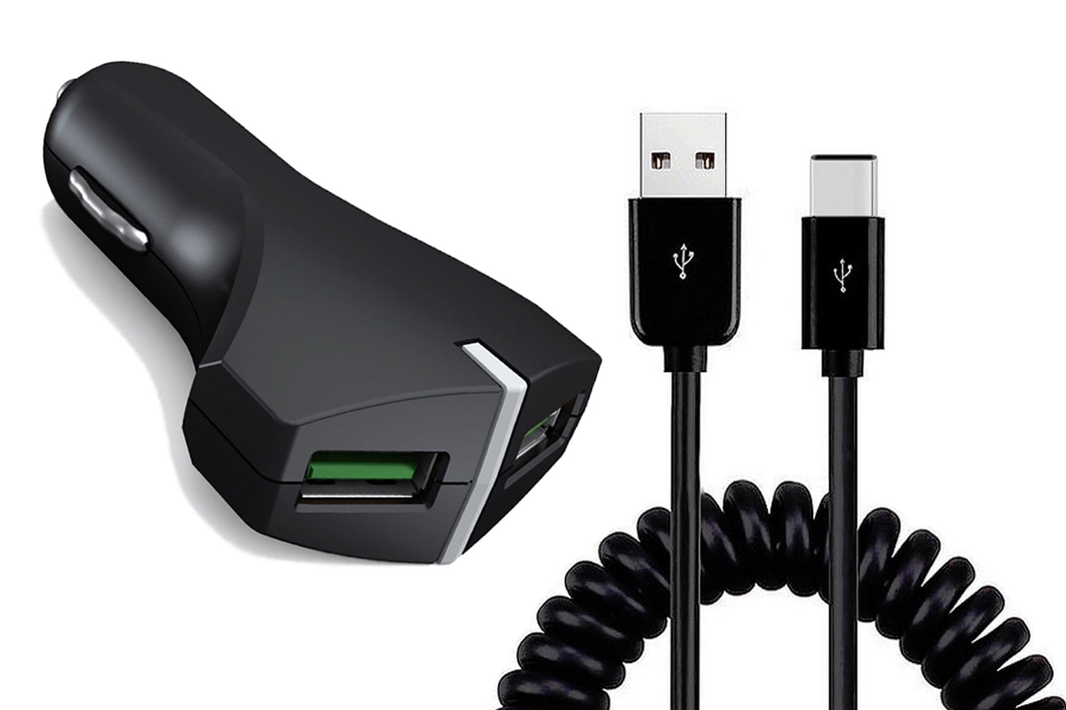 Car Charger for OnePlus Nord 3/N30 5G/N300 5G - 36W Fast 2-Port USB Coiled Cable Type-C Quick Charge DC Socket Power