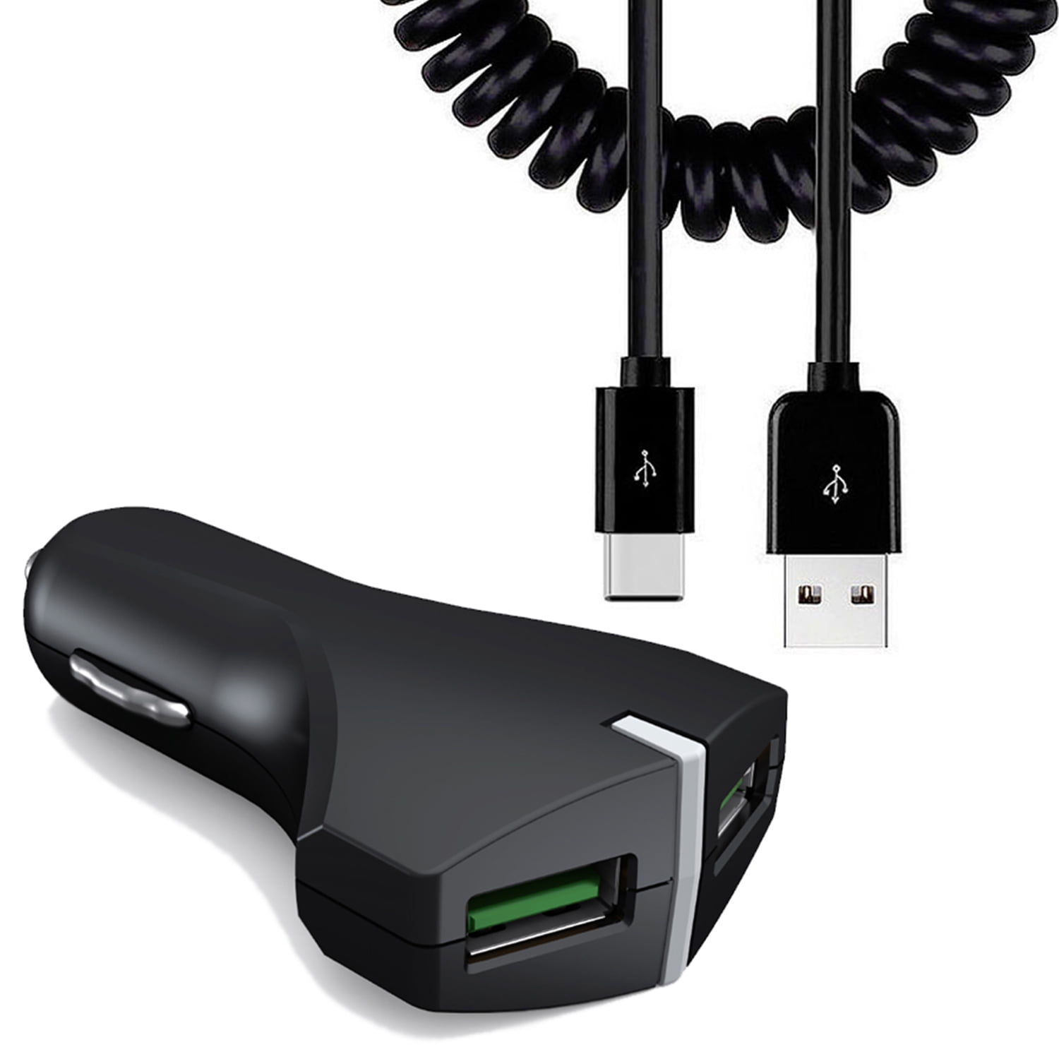 Car Charger for T-Mobile REVVL Tab (2023) - 36W Fast 2-Port USB Coiled Cable Type-C Quick Charge DC Socket Power