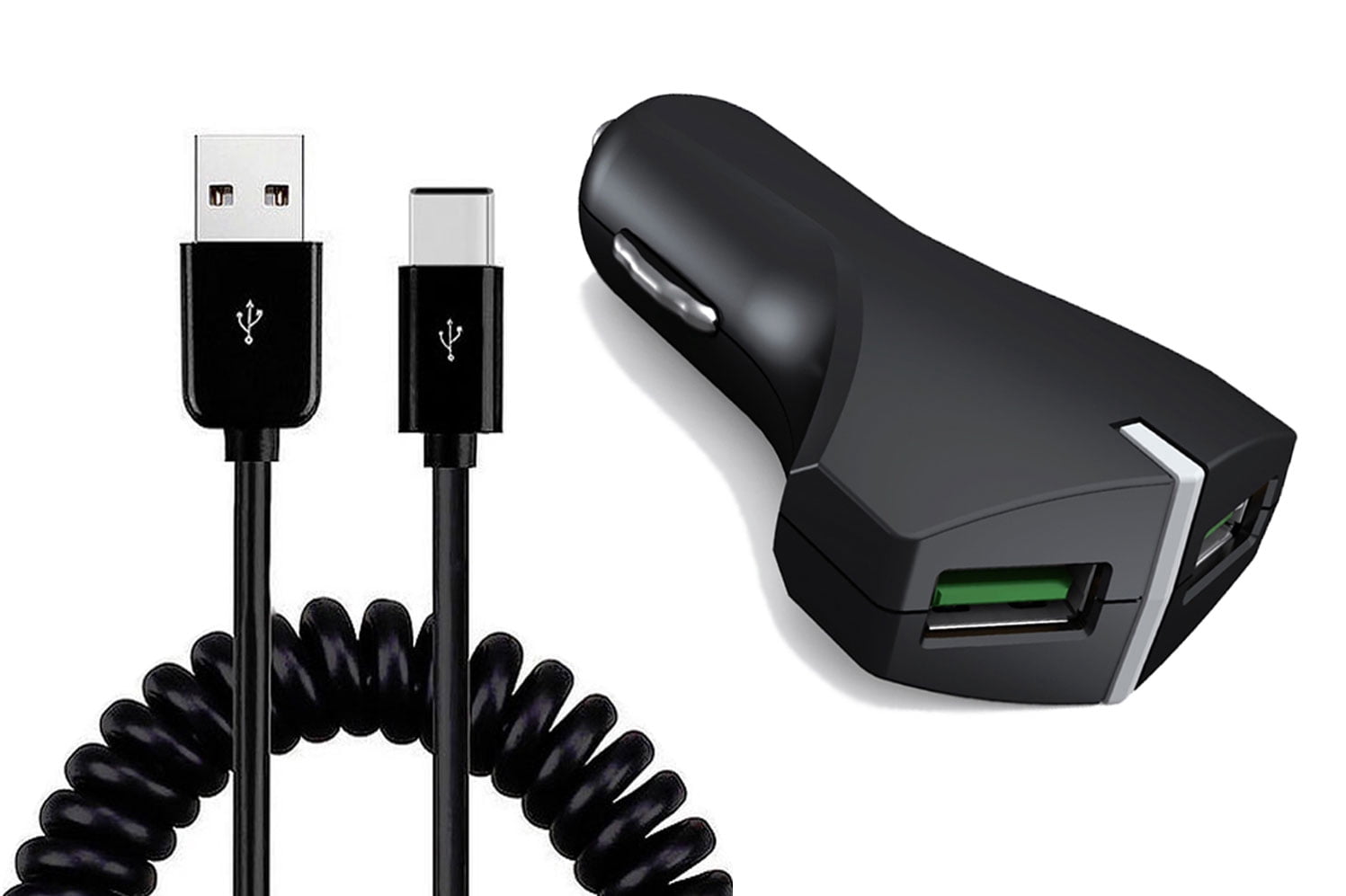 Car Charger for TCL Flip 4 5G - 36W Fast 2-Port USB Coiled Cable Type-C Quick Charge DC Socket Power