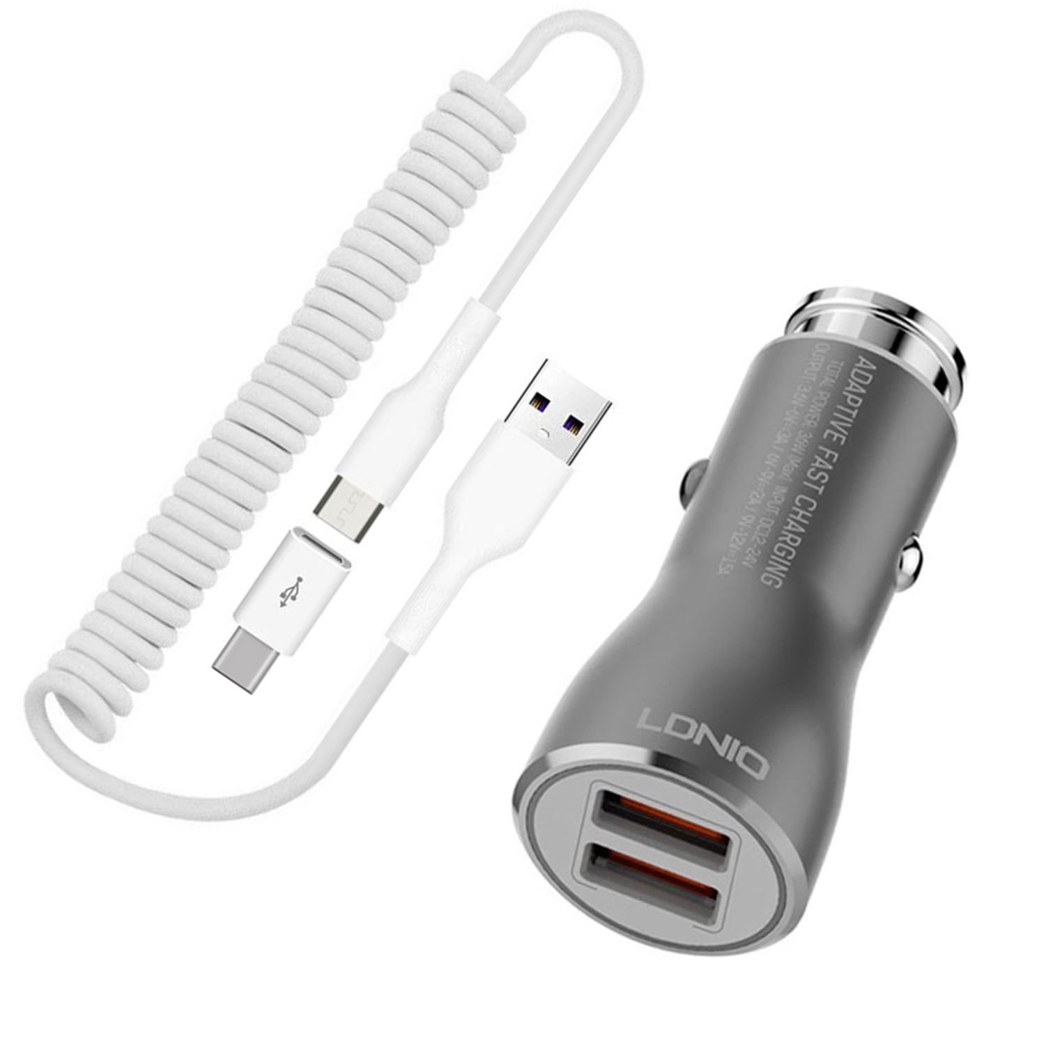 Car Charger for iPhone 15/Pro/Max/Plus 36W Fast 2Port USB Coiled