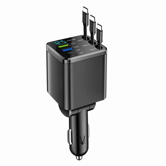 Car Charger with Digital Display, Retractable Cable, PD Fast Charger, Super Fast Charging for iPhone and Android, Dual Port USB Car Adapter