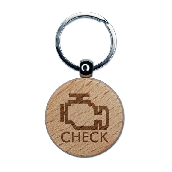 Car Check Engine Light Round Keychain Charm Tag - Engraved Wood
