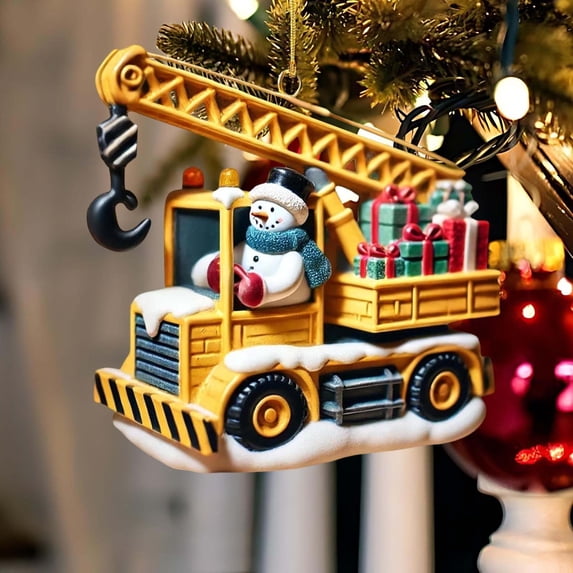 Car Christmas Decorations with Acrylic 2D Design, Construction Truck Ornament for Vehicle and Tree Hanging, Unique Engineering Theme for Kids and Adults During Festive Seasons