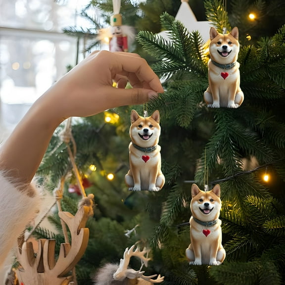 Car Christmas Ornament Mini Hanging Pendant, 1 Pack 3.15 Inch Lightweight Dog Shaped Pre-Attached Loop Shatter-Proof Rearview Keychain Christmas Tree Decorations Cute Gift for Fans