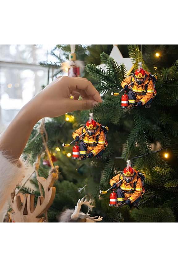 Car Christmas Ornament Mini Hanging Pendant, 3 Pack 3.15 Inch Lightweight Firefighter Shaped Pre-Attached Loop Shatter-Proof Rearview Keychain Christmas Tree Decorations Cute Gift for Fans