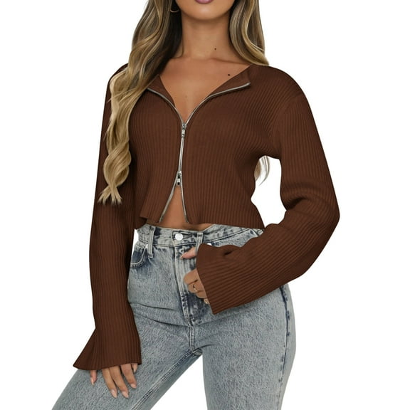 Womens Fall Trendy Double Zip Up Long Sleeve Soft Knit Light-Weight Cropped Cardigan Sweaters Coffee Color M