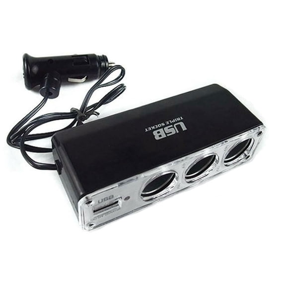 Car Cigarette Lighter USB Charger Adapter 12V Triple Socket Splitter Extender with 2 USB Ports ABS Black 11x5x3cm 60W-