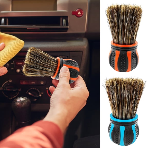 Car Cleaning Brush | Pig Bristle Round Head Detailing Brush | Wheel Hub & Interior Crevice Cleaner | Ergonomic Non-Slip Plastic Handle | Washable Durable Bristles | 9.5 x 5cm | 1 Pack