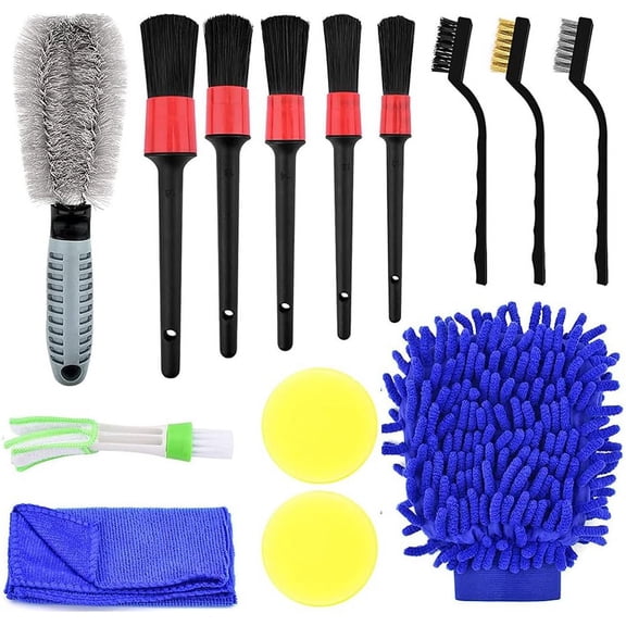 Car Cleaning Kit, 14 PCS Detailing Brush Set Auto Wheel Brush Kit, Including Handle Rim Brush Car Wash Detail Brushes Wire Brush and Microfiber Mitt for Car Alloy Wheel Air Vent Dashboard