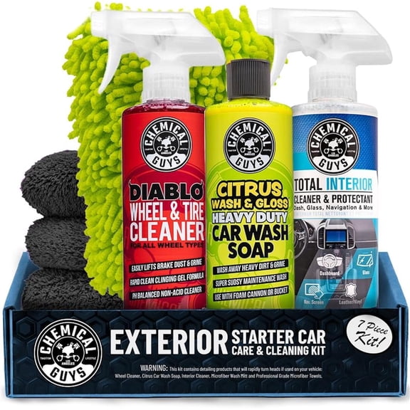 Car Cleaning Kit - With Car Wash Soap, Wheel Cleaner, Total Interior, Car Wash Mitt - Interior and Exterior Wash Kit With Vehicle Cleaning and Detailing Accessories - 7 Item Kit