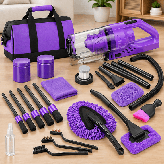 Car Cleaning Kit, Purple Car Interior Detailing Kit with High Power Handheld Vacuum, Detailing Brush Set, Windshield Cleaner, Cleaning Gel, Complete Auto Accessories