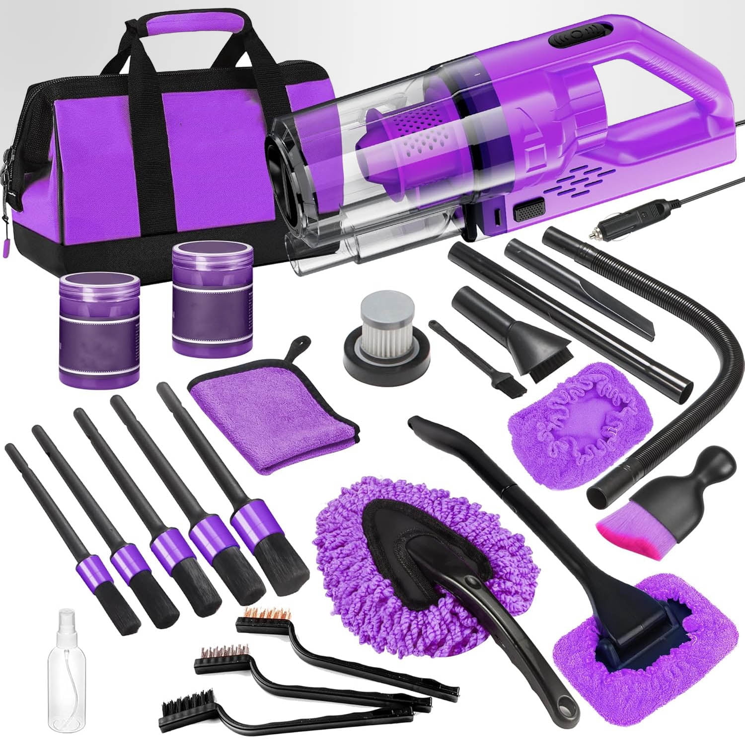 Car Cleaning Kit, Purple Interior Detailing Kit with Handheld Vacuum, Detailing Brush Set, Windshield Cleaner, Cleaning Gel, Complete Auto Accessories