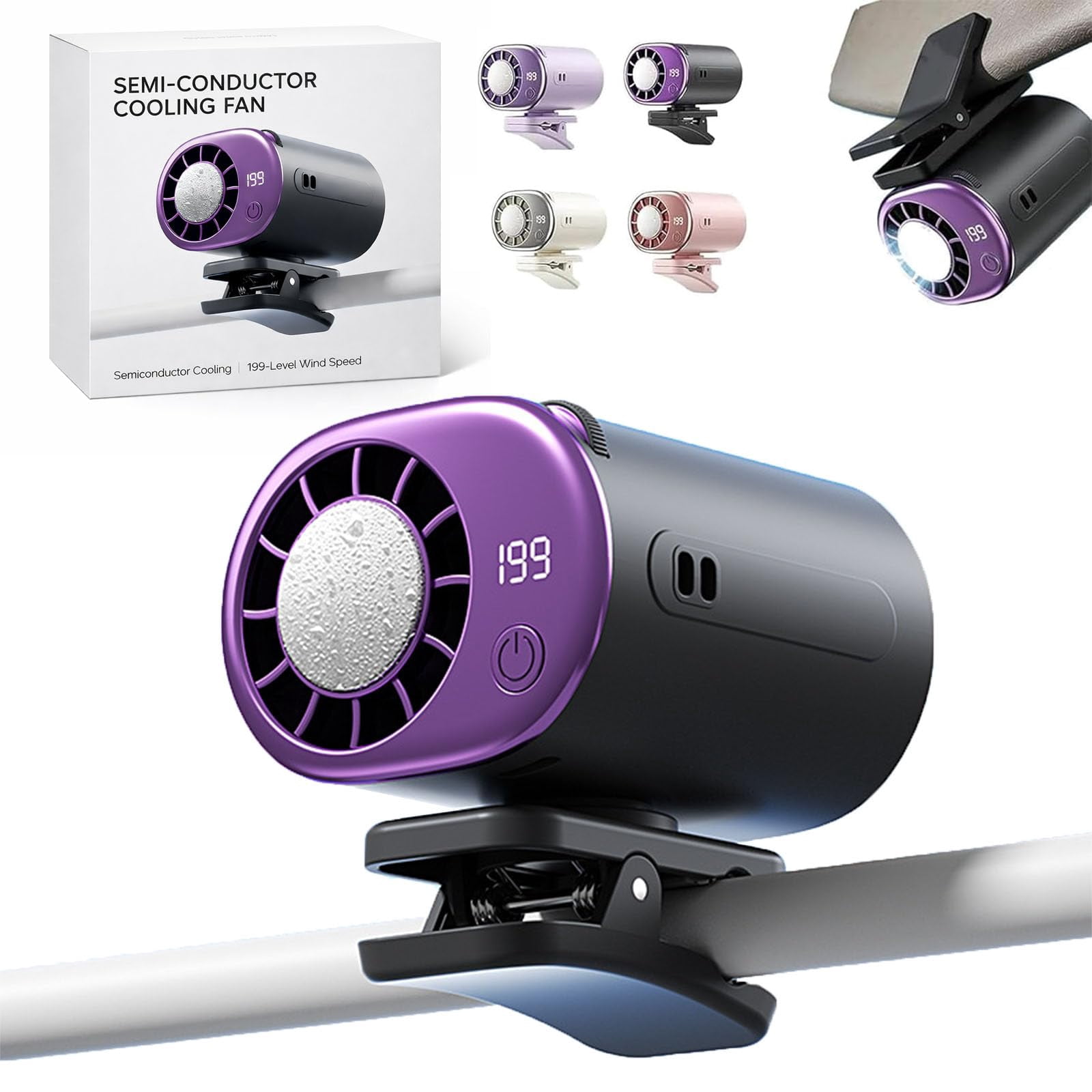 Car Clip On Air Conditioner, 2026 Car Clip On Air Conditioner Fan with LED Display - 360° Rotation, USB Rechargeable, 199 Speeds Adjustable, 16℃ Semi-Cooling Wide Clamp for Any Scenario