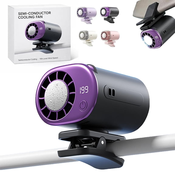Car Clip On Air Conditioner, 2026 Car Clip On Air Conditioner Fan with LED Display - 360° Rotation, USB Rechargeable, 199 Speeds Adjustable, 16℃ Semi-Cooling Wide Clamp for Any Scenario