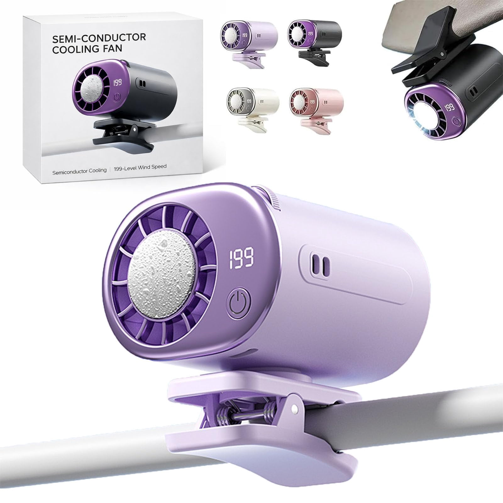Car Clip On Air Conditioner, 2026 Car Clip On Air Conditioner Fan with LED Display - 360° Rotation, USB Rechargeable, 199 Speeds Adjustable, 16℃ Semi-Cooling Wide Clamp for Any Scenario