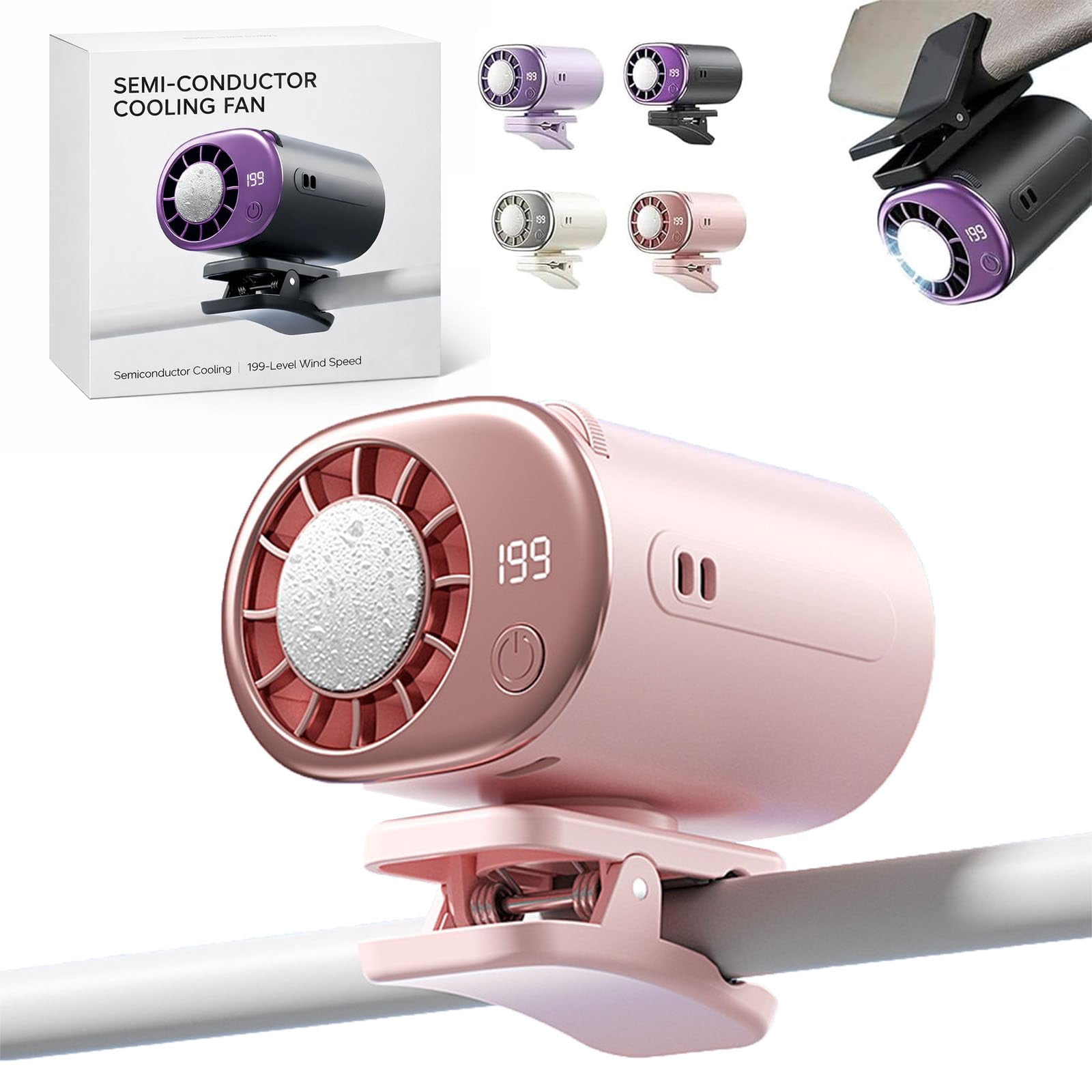 Car Clip On Air Conditioner, 2026 Car Clip On Air Conditioner Fan with LED Display - 360° Rotation, USB Rechargeable, 199 Speeds Adjustable, 16℃ Semi-Cooling Wide Clamp for Any Scenario