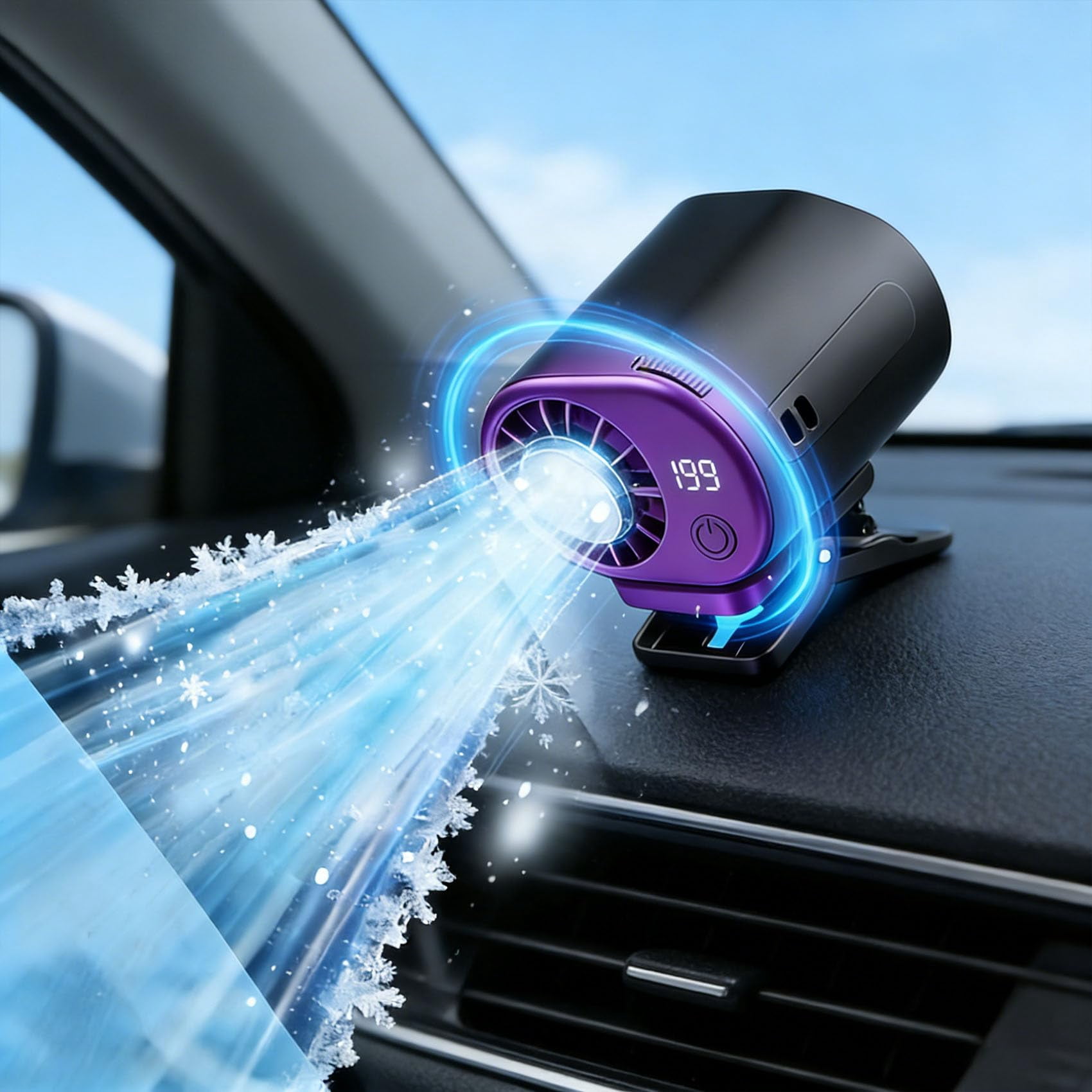 Car Clip On Air Conditioner Fan with LED Display – 360° Rotation, 199 Speeds, USB Rechargeable, 16℃ Semi-Cooling, Detachable Wide Clamp for Car, Camping