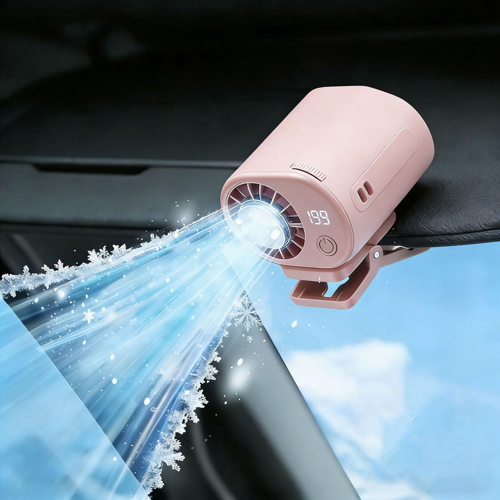 Car Clip On Air Conditioner Fan with LED Display – 360° Rotation, 199 Speeds, USB Rechargeable, 16℃ Semi-Cooling, Detachable Wide Clamp for Car, Camping