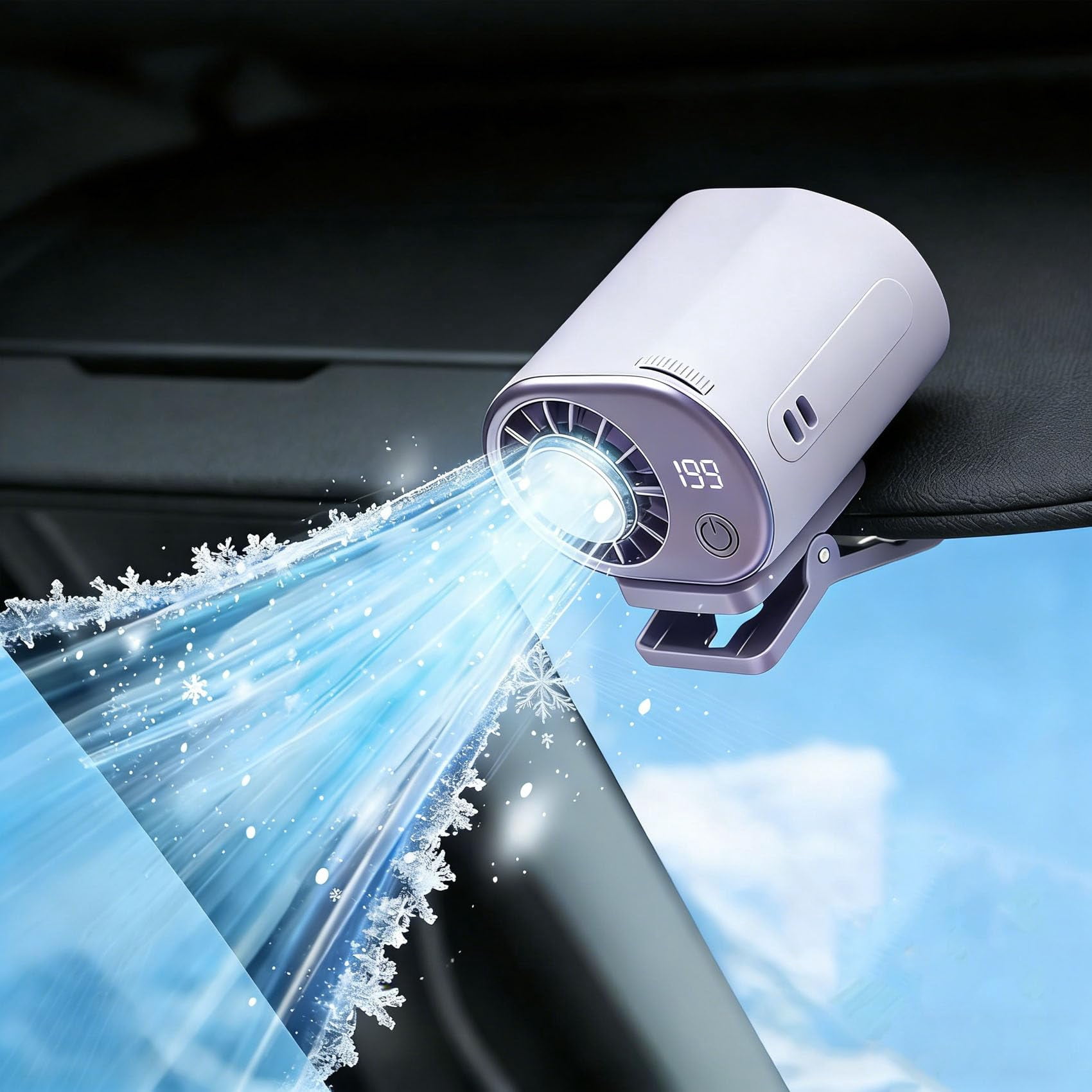 Car Clip On Air Conditioner Fan with LED Display – 360° Rotation, 199 Speeds, USB Rechargeable, 16℃ Semi-Cooling, Detachable Wide Clamp for Car, Camping