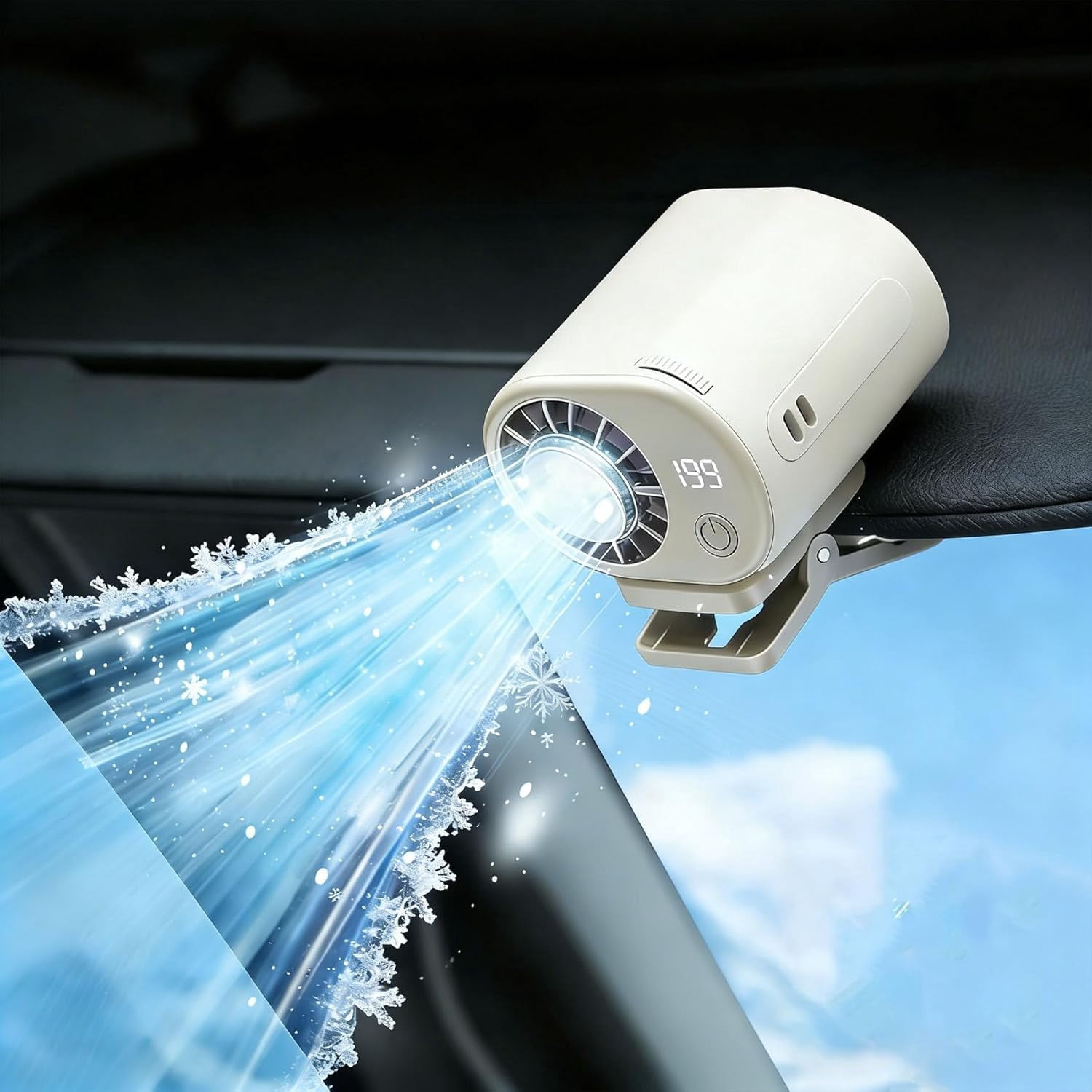 Car Clip On Air Conditioner Fan with LED Display – 360° Rotation, 199 Speeds, USB Rechargeable, 16℃ Semi-Cooling, Detachable Wide Clamp for Car, Camping