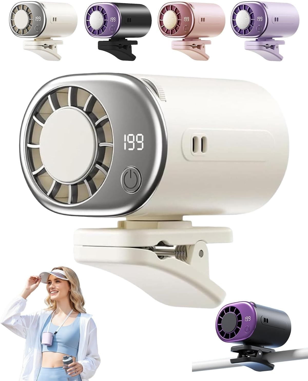 Car Clip On Air Conditioner Fan with LED Display - 360° Rotation, USB Rechargeable, 199 Speeds Adjustable, 16℃ Semi-Cooling Wide Clamp for Any Scenario