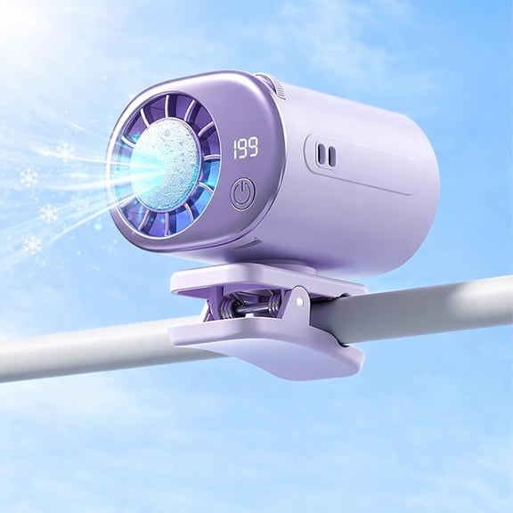 Car Clip on Air Conditioner Fan with LED Display, Portable Mini Cooling System for Auto Vehicle, USB Rechargeable Battery Powered Gadget, 360° Rotation Adjustable 199 Speeds Truck Tent (Purple)