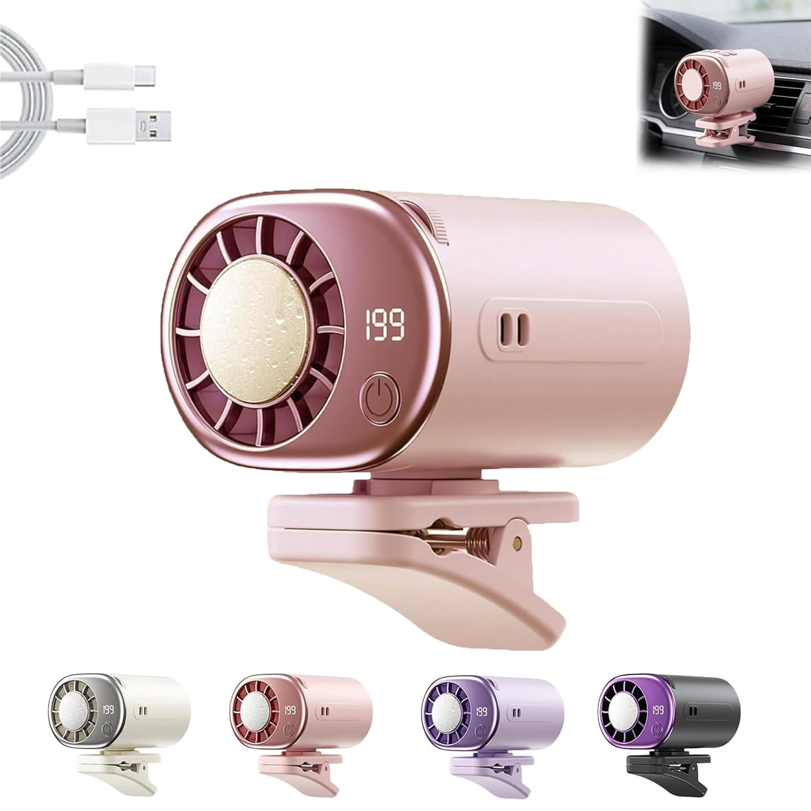 Car Clip on Air Conditioner Fan with LED Display, Quiet Rechargeable Clip Fan, 360° Rotation Adjustable 199 Speeds, Portable Cooling System for Car Seat Office Camping