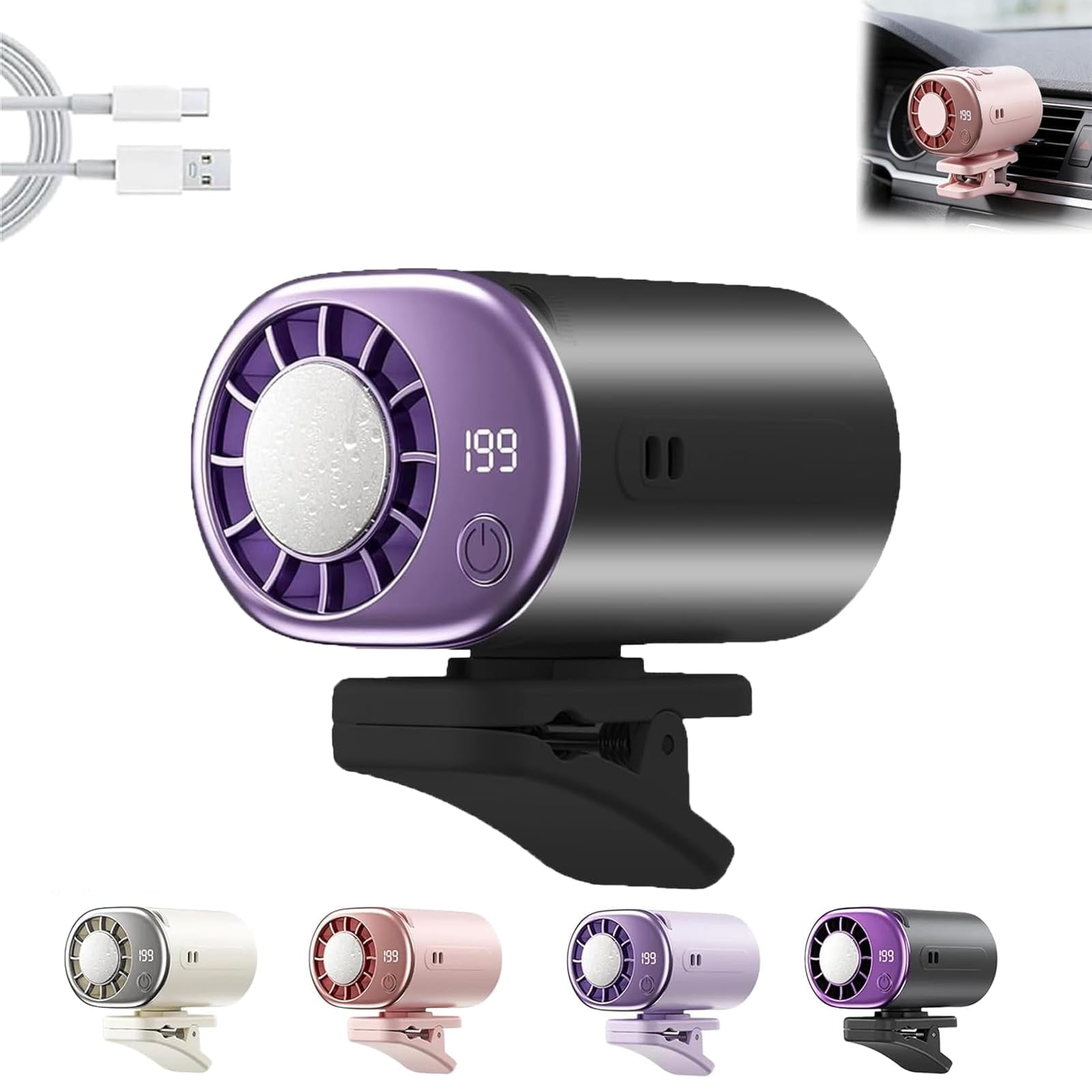 Car Clip on Air Conditioner Fan with LED Display, Quiet Rechargeable Clip Fan, 360° Rotation Adjustable 199 Speeds, Portable Cooling System for Car Seat Office Camping