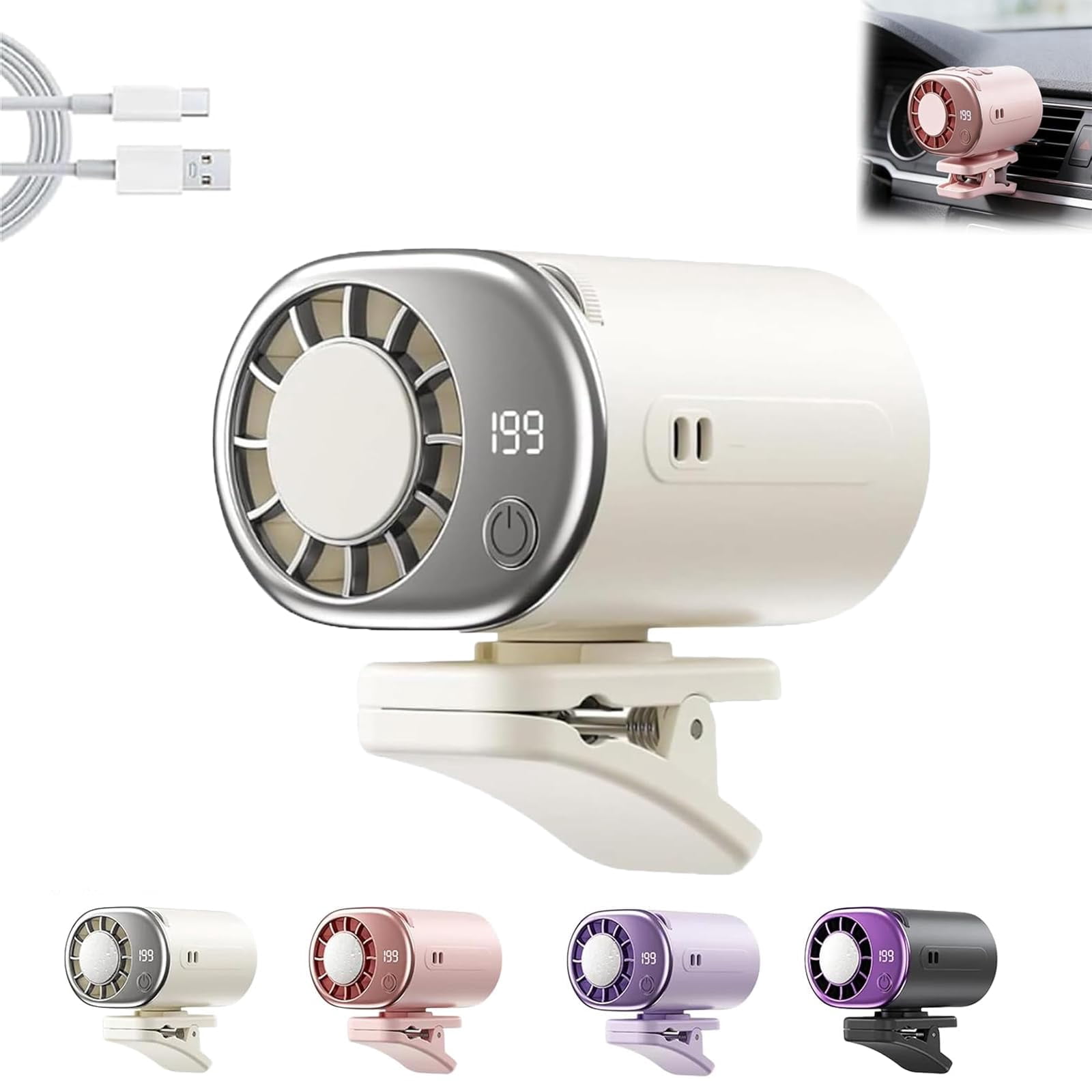 Car Clip on Air Conditioner Fan with LED Display, Quiet Rechargeable Clip Fan, 360° Rotation Adjustable 199 Speeds, Portable Cooling System for Car Seat Office Camping