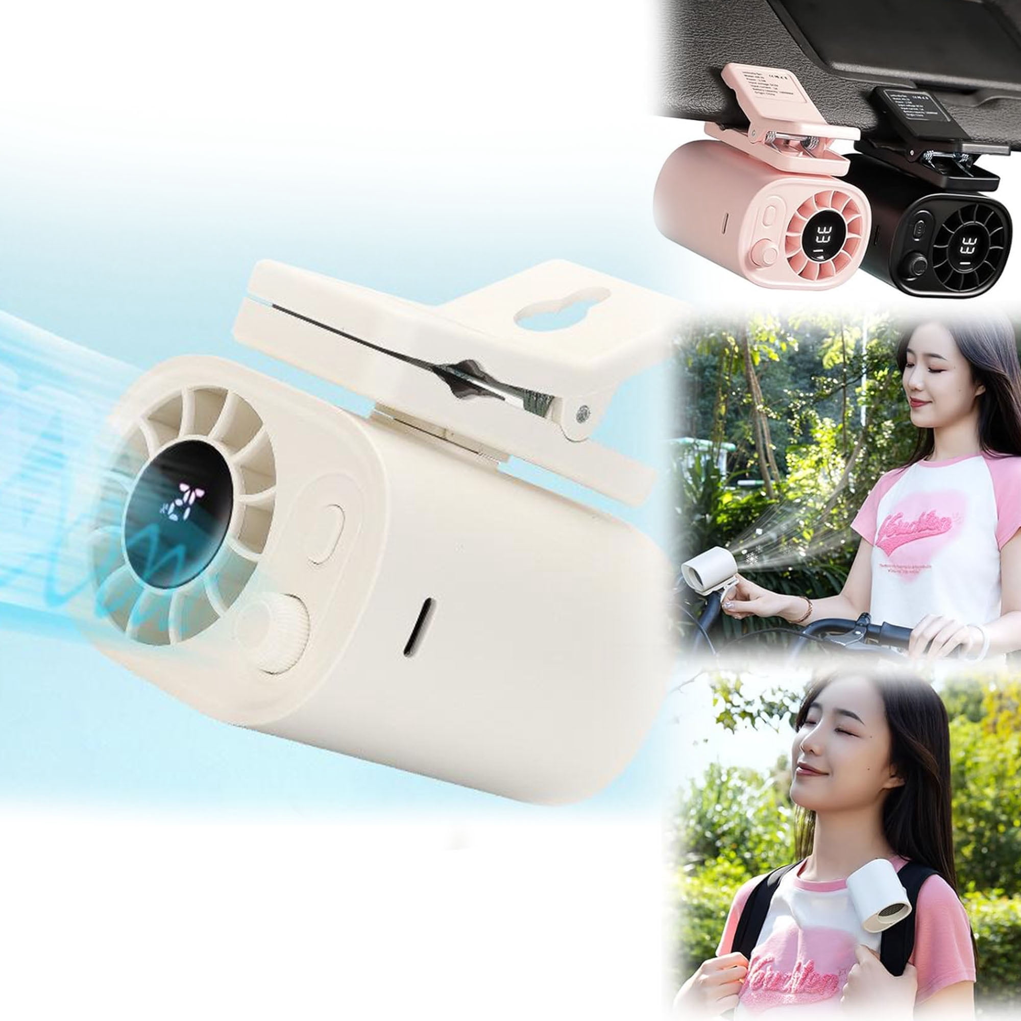 Car Clip On Fan with LED Display - 360° Rotation, 100 Speeds Adjustable, Portable Mini Personal Fan, USB Rechargeable, Compact Fans for Travel, Work, Camping