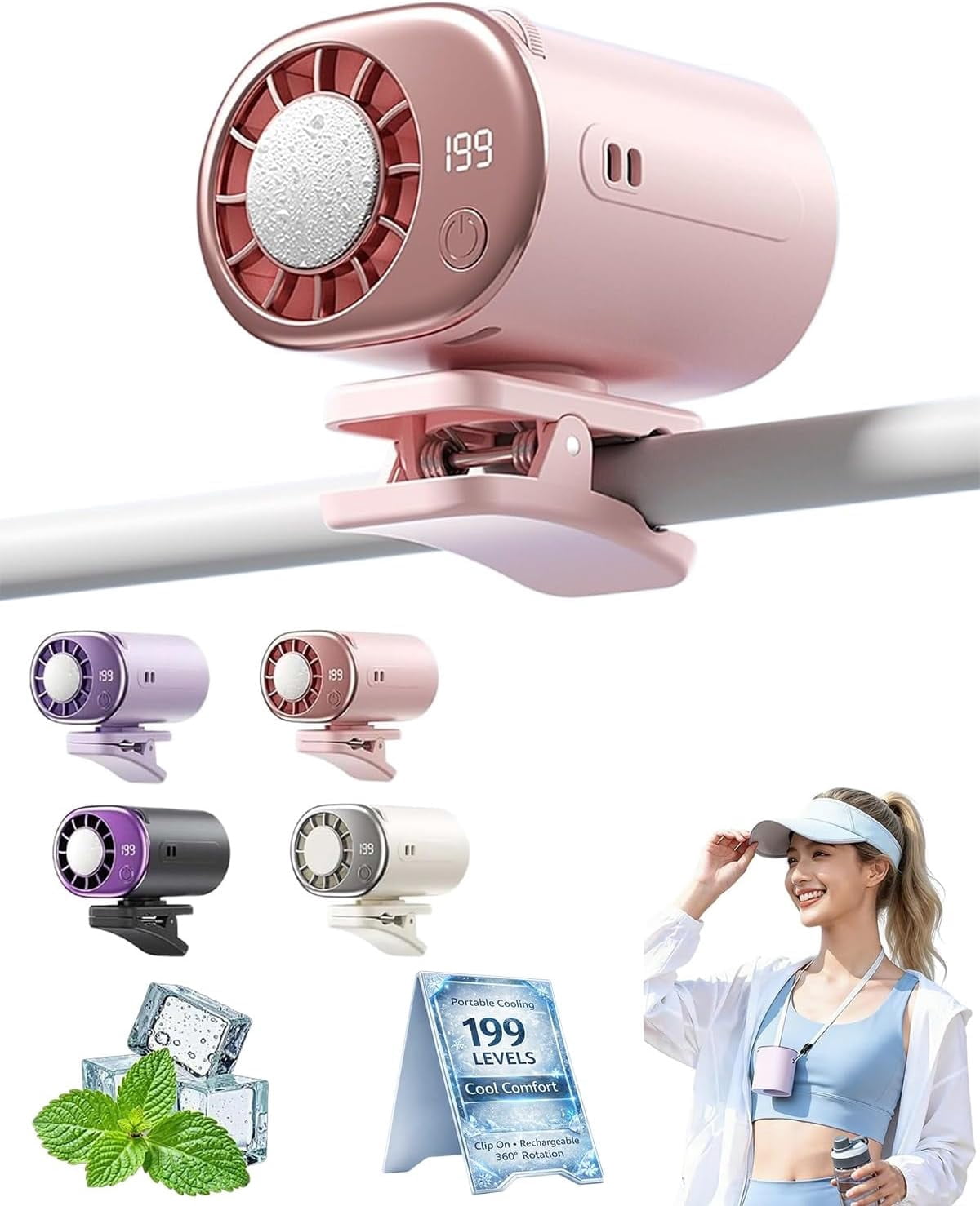 Car Clip On Fan with LED Display, 100-Speed USB Rechargeable Portable Fan, 360° Rotating Personal Cooler for Vehicle Office Tent, Pink(XX)