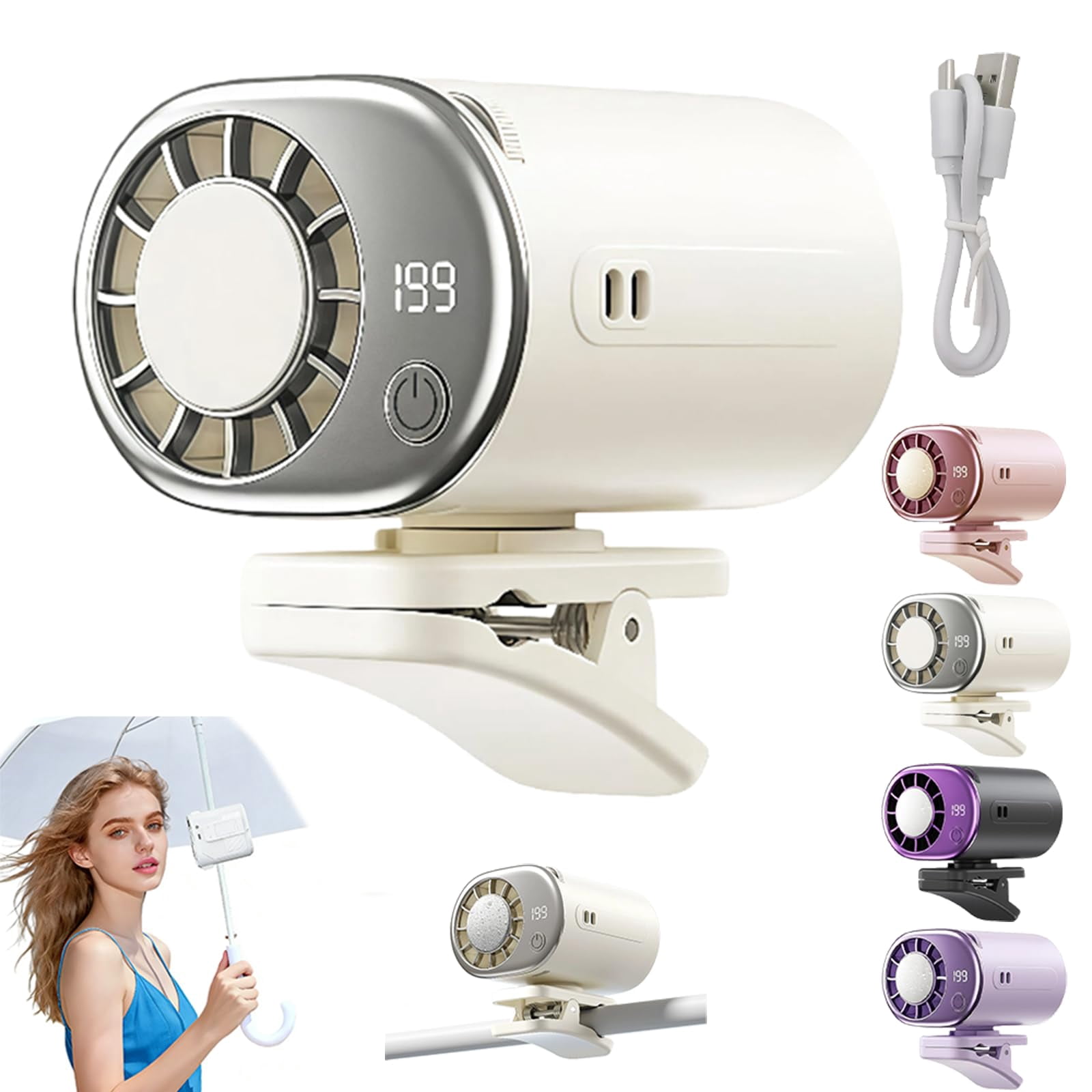 Car Clip on Air Conditioner Fan – USB rechargeable fan with powerful semiconductor cooling, lightweight and portable for cars, beaches, or umbrellas.