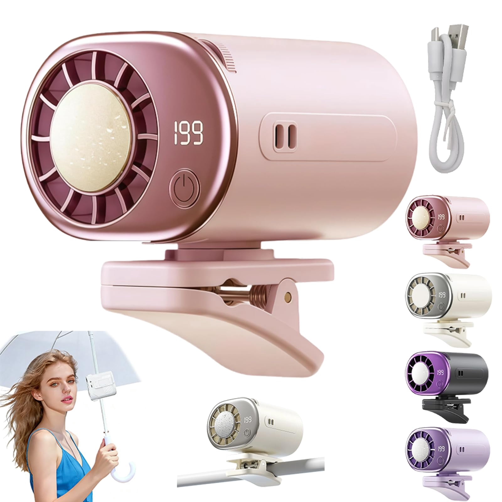 Car Clip on Air Conditioner Fan – USB rechargeable fan with powerful semiconductor cooling, lightweight and portable for cars, beaches, or umbrellas.