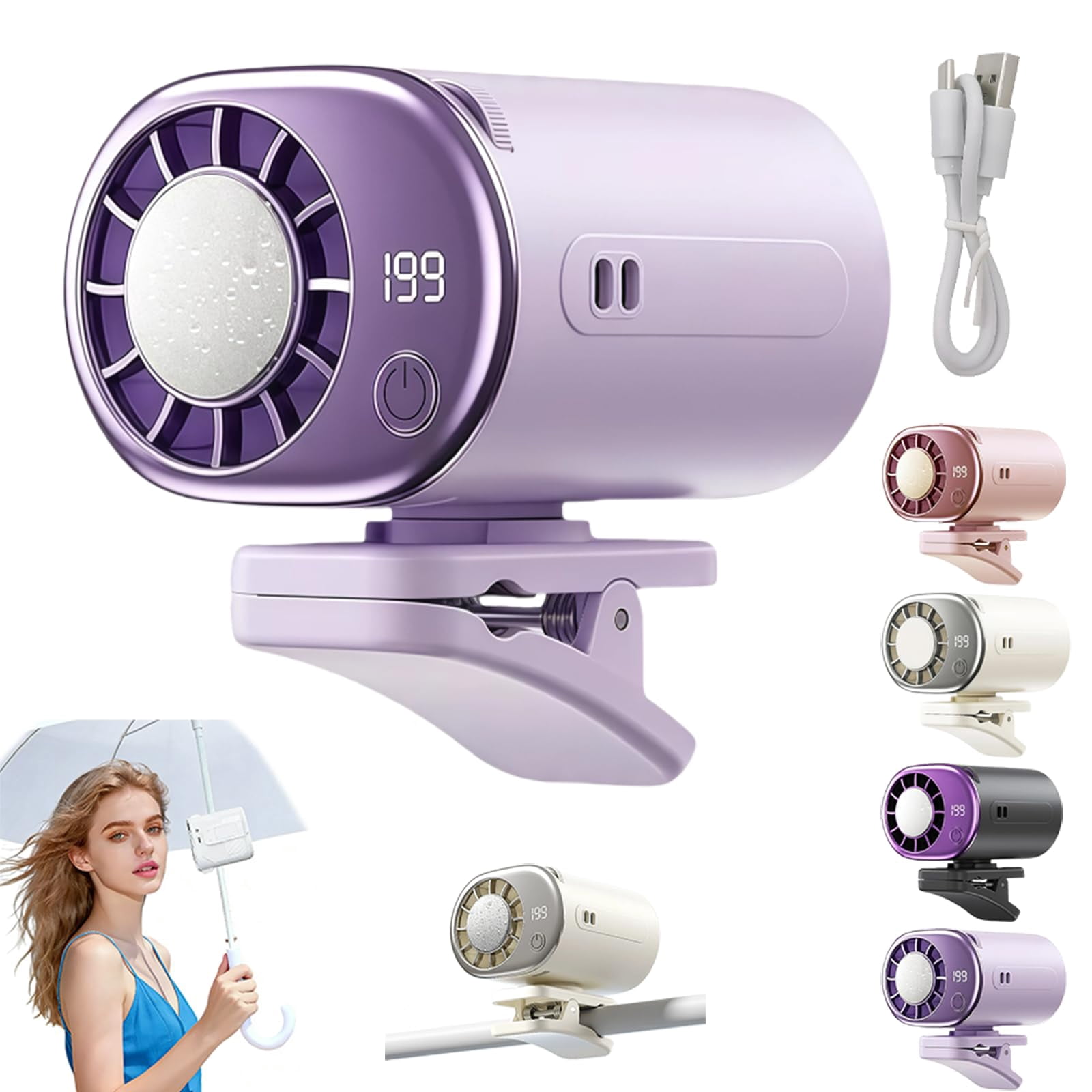 Car Clip on Air Conditioner Fan – USB rechargeable fan with powerful semiconductor cooling, lightweight and portable for cars, beaches, or umbrellas.