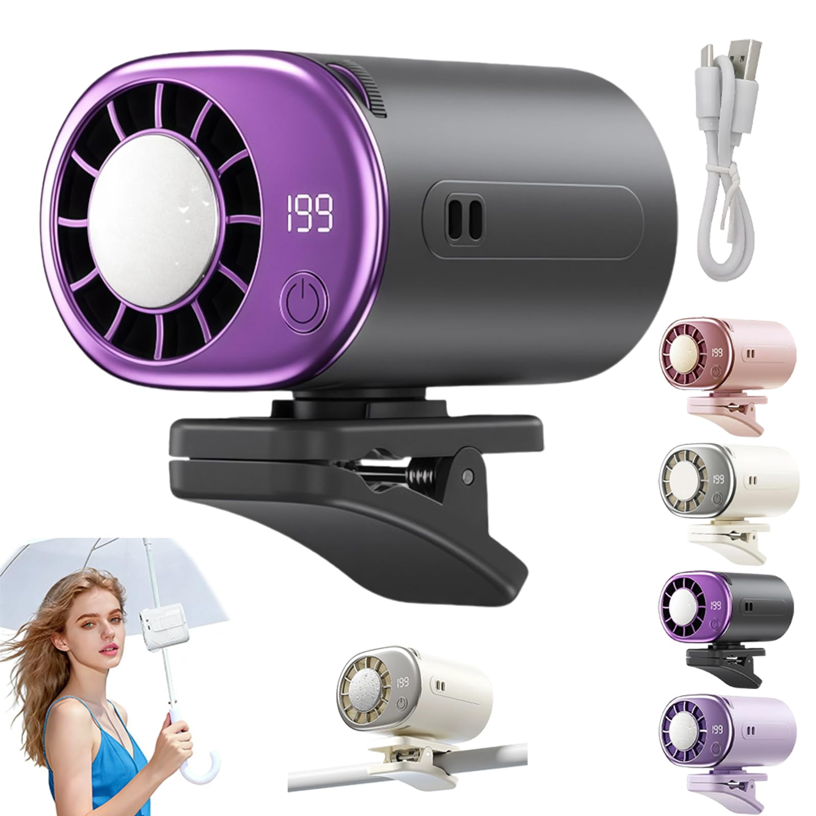 Car Clip on Air Conditioner Fan – USB rechargeable fan with powerful semiconductor cooling, lightweight and portable for cars, beaches, or umbrellas.