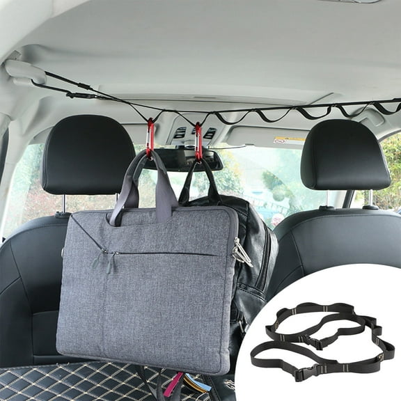 Car Clothesline for Back Seat - Car Mounted Clothes Hanger Hanging Pole - Retractable Hanging Rope for Car Interior - 8 Hook Storage Organizer for Clothes Bags - Nylon Cargo Net for SUV Truck Travel