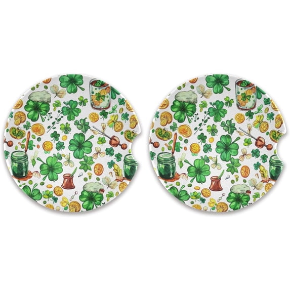 Car Coaster 2 Pack, St. Patrick's Day Clover Absorbent Ceramic Cup Holder Coaster with Fingertip Grip for Car Van Wheels Boats Trucks Home Decor