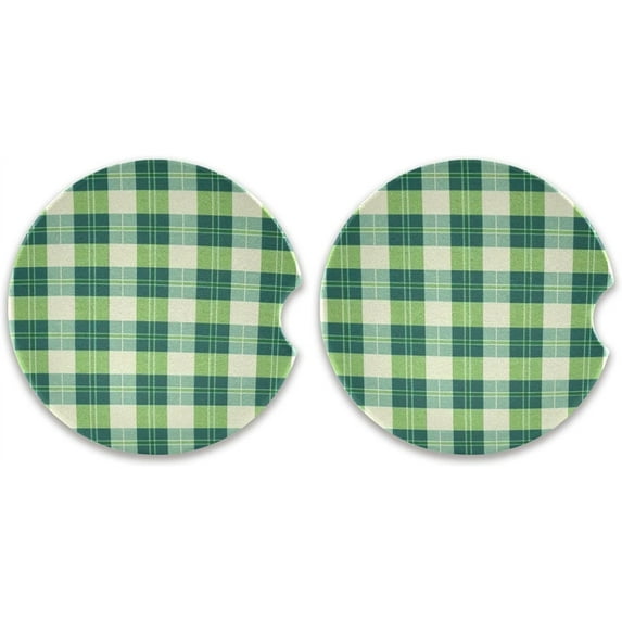 Car Coaster 2 Pack, St Patricks Day Plaid Absorbent Ceramic Cup Holder Coaster with Fingertip Grip for Car Van Wheels Boats Trucks Home Decor