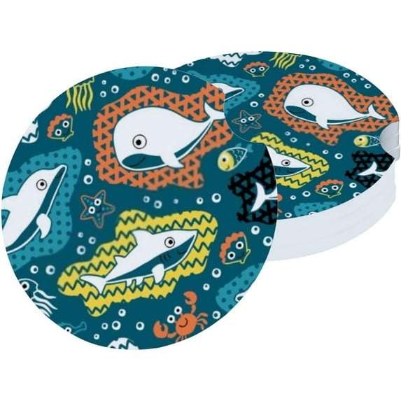 Car Coasters 2 Pack Stone Car Cup Holder Marine Life Animals Absorbent Drink Car Coaster Ceramic Set Small 2.56 inch Cup Coasters
