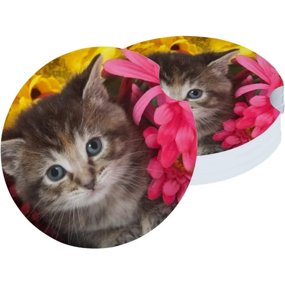 Car Coasters 6 Pack Stone Car Cup Holder Cat with Colorful Flowers Absorbent Drink Car Coaster Ceramic Set Small 2.56 inch Cup Coasters