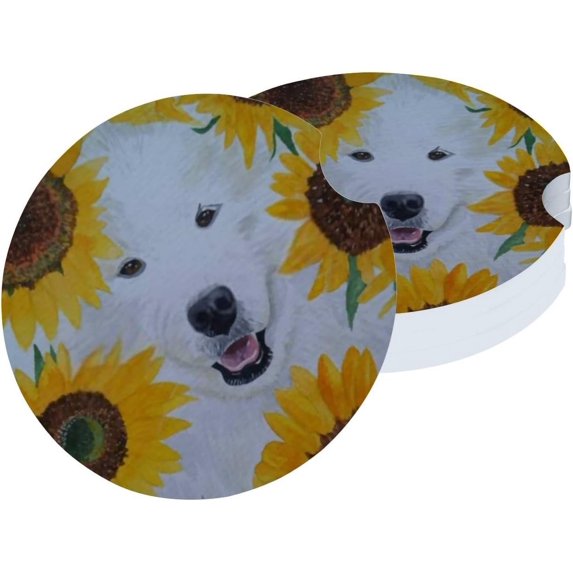 Car Coasters 6 Pack Stone Car Cup Holder White Dog in Sunflowers Absorbent Drink Car Coaster Ceramic Set Small 2.56 inch Cup Coasters