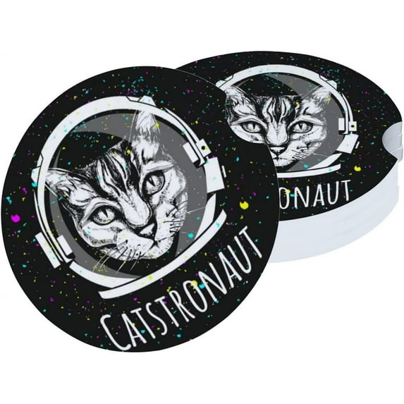 Car Coasters for Cup Holder Absorbent, Car Ceramic Coasters with Finger Notch, Auto Accessories for Men Women Cat Astronaut Illustration 6 Pack Cup Coasters