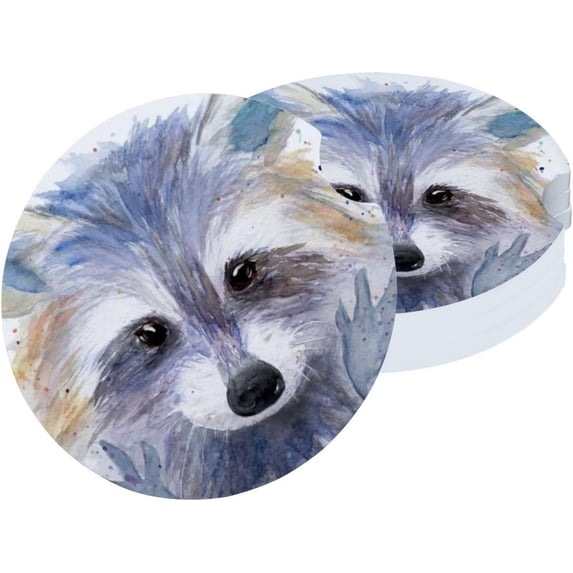 Car Coasters for Cup Holder Absorbent, Car Ceramic Coasters with Finger Notch, Auto Accessories for Men Women Watercolor Raccoon Sketch 6 Pack Cup Coasters