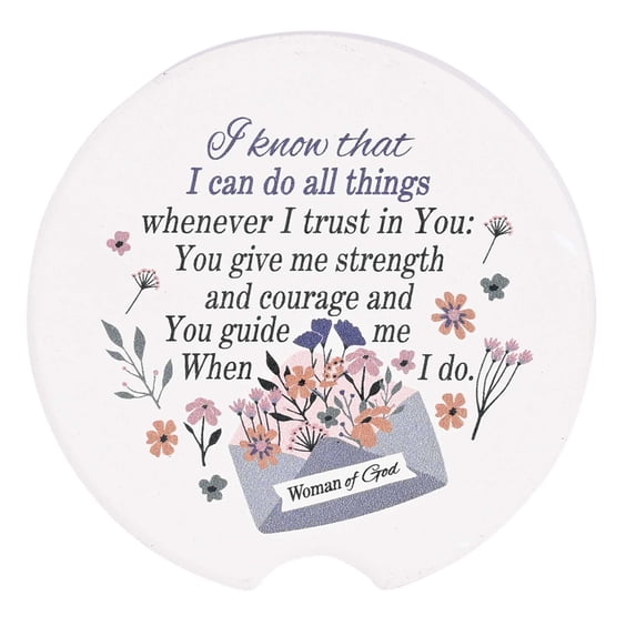 Dicksons CC-34 I Know That I Can Do All Things Whenever I Trust In You White And Purple 2.7 x 2.7 Ceramic Moisture Absorbing Auto Cupholders, Pack of 2