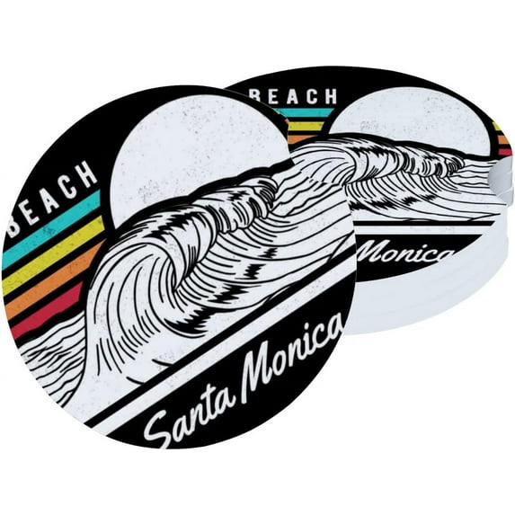 Car Coasters for Cup Holder Absorbent, Car Ceramic Coasters with Finger Notch, Auto Accessories for Men Women Sunset Wave Map 4 Pack Cup Coasters
