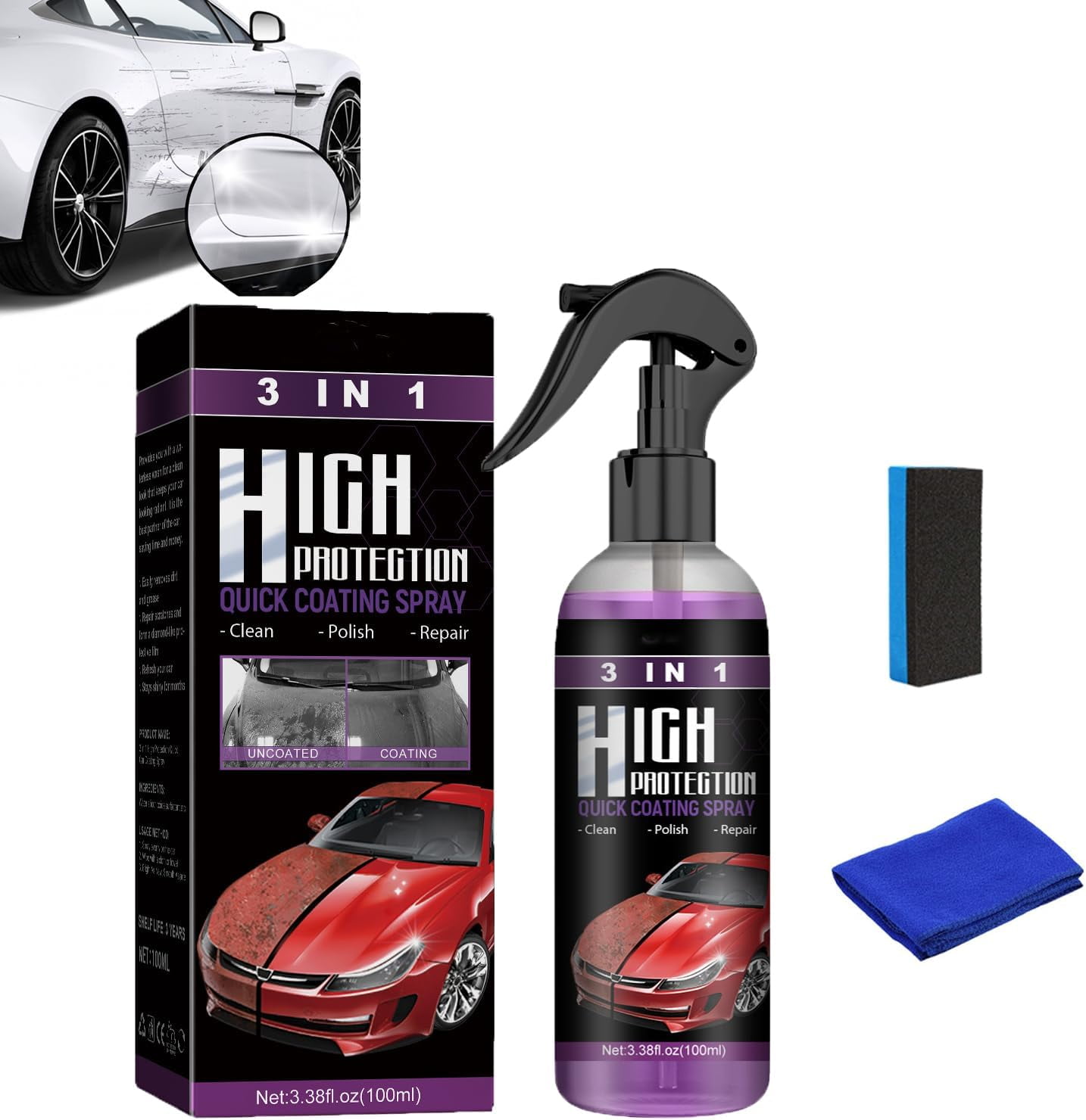 Car Coating Spray,High Protection 3 in 1 Spray,3 in 1 High Protection Quick  Car Coating Spray (100ml/2pcs) 