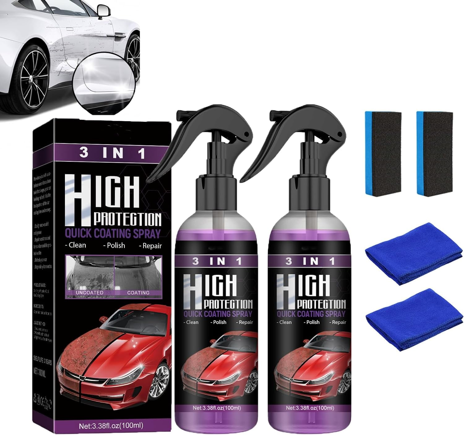 Car Coating Spray,High Protection 3 in 1 Spray,3 in 1 High Protection Quick  Car Coating Spray (100ml/2pcs)