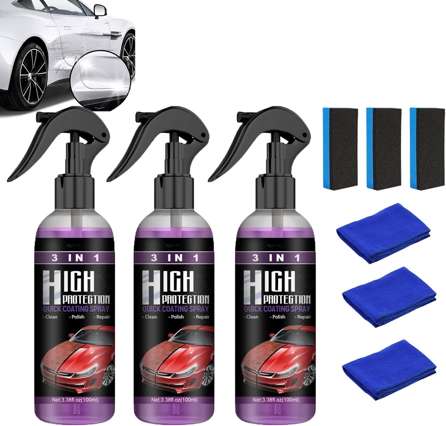 Car Coating Spray,High Protection 3 in 1 Spray,3 in 1 High Protection Quick  Car Coating Spray (100ml/2pcs) 